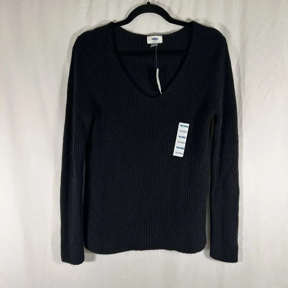 New Old Navy Sweater Women's Medium Black Knit Vneck Long Sleeve Pullover - Picture 1 of 6